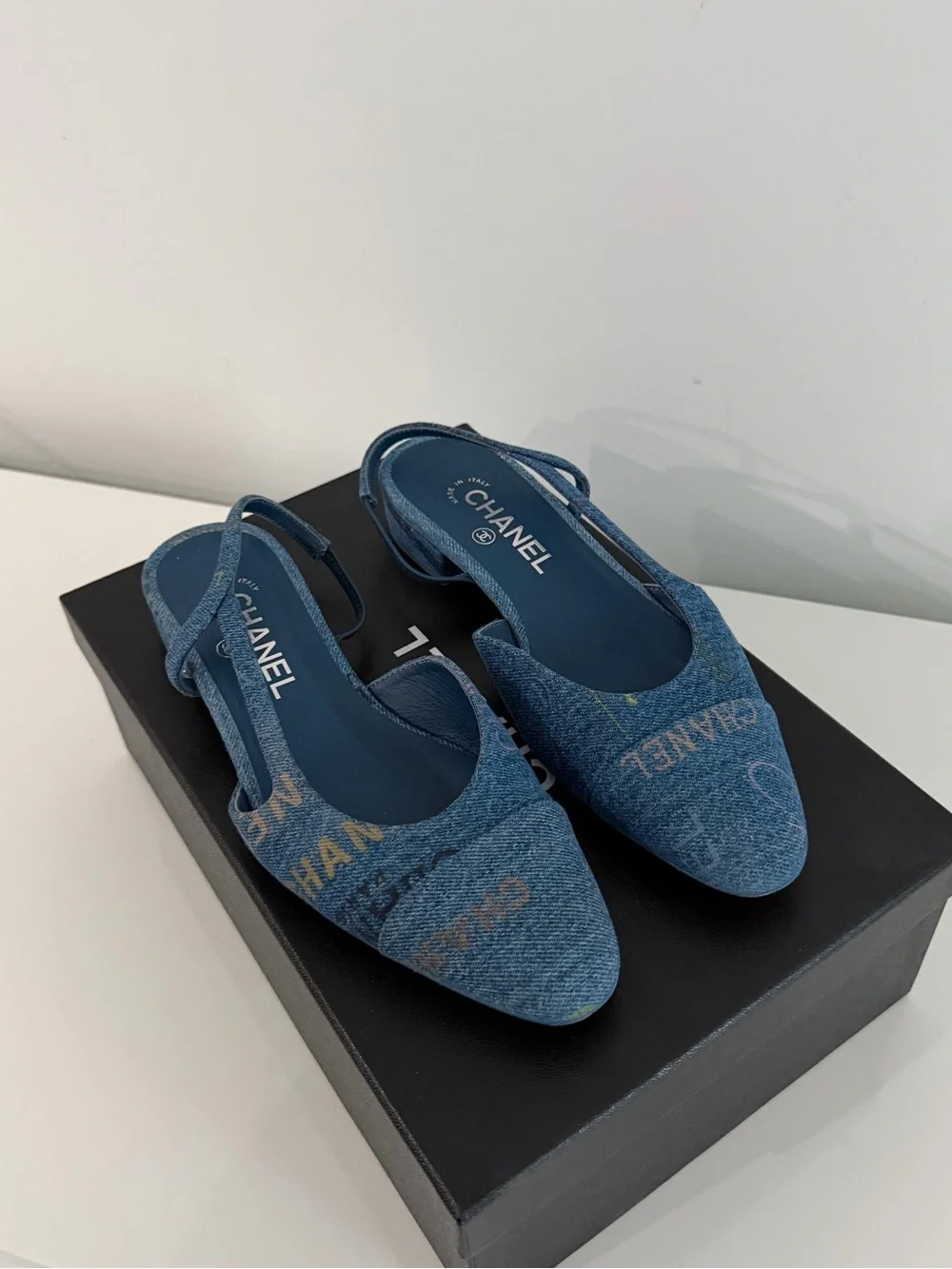 Chanel Denim Slingback Flats with Multicolor Logo Embroidery